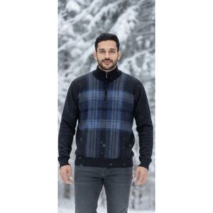 Oliver & Burke Men's 1/4 Zip Blue Plaid Pullover Sweater Mock Neck Cotton Blend